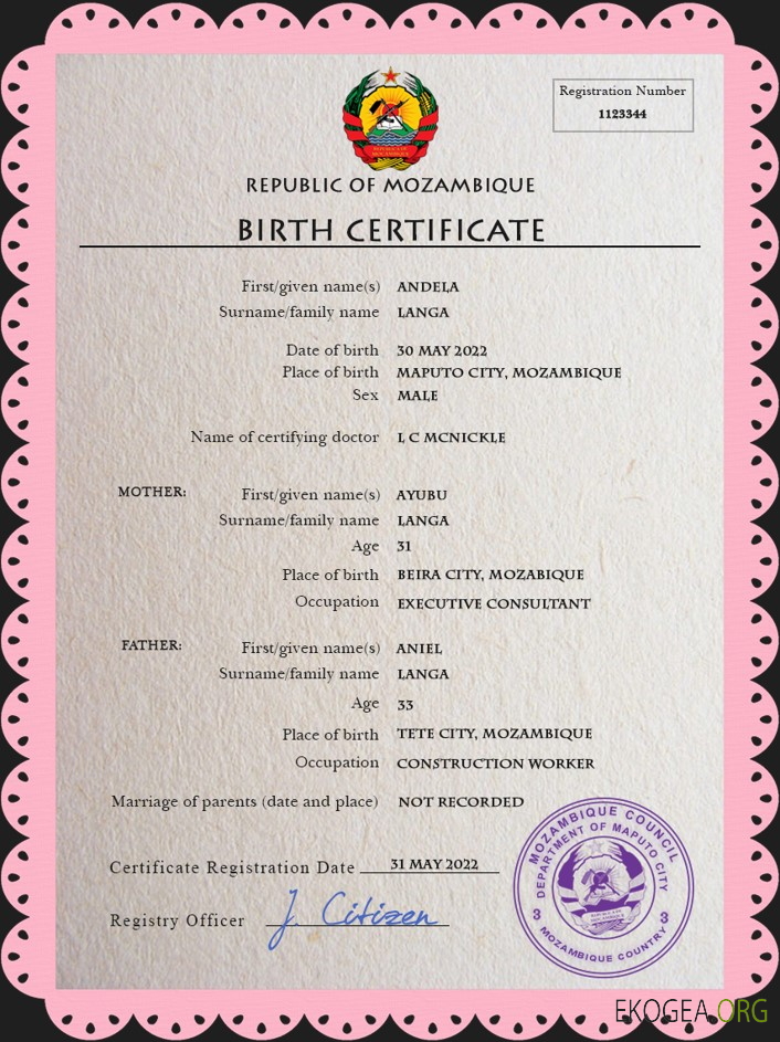 Modèle PSD de certificat de naissance du Mozambique